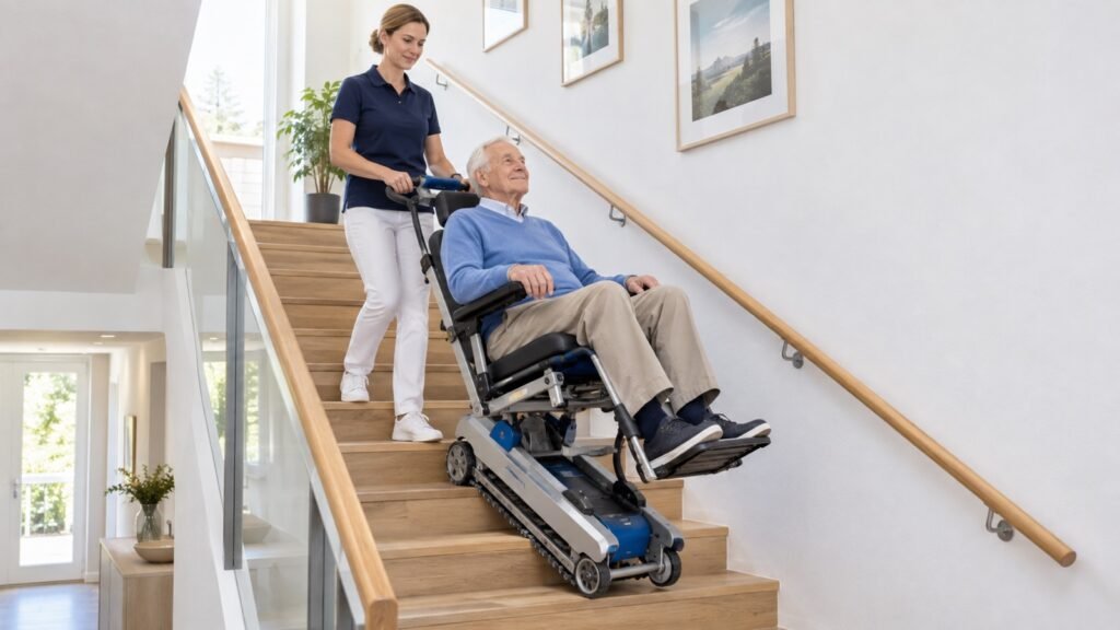 Senior wird mit einer mobilen Treppensteighilfe sicher von einer geschulten Begleitperson über eine Treppe bewegt