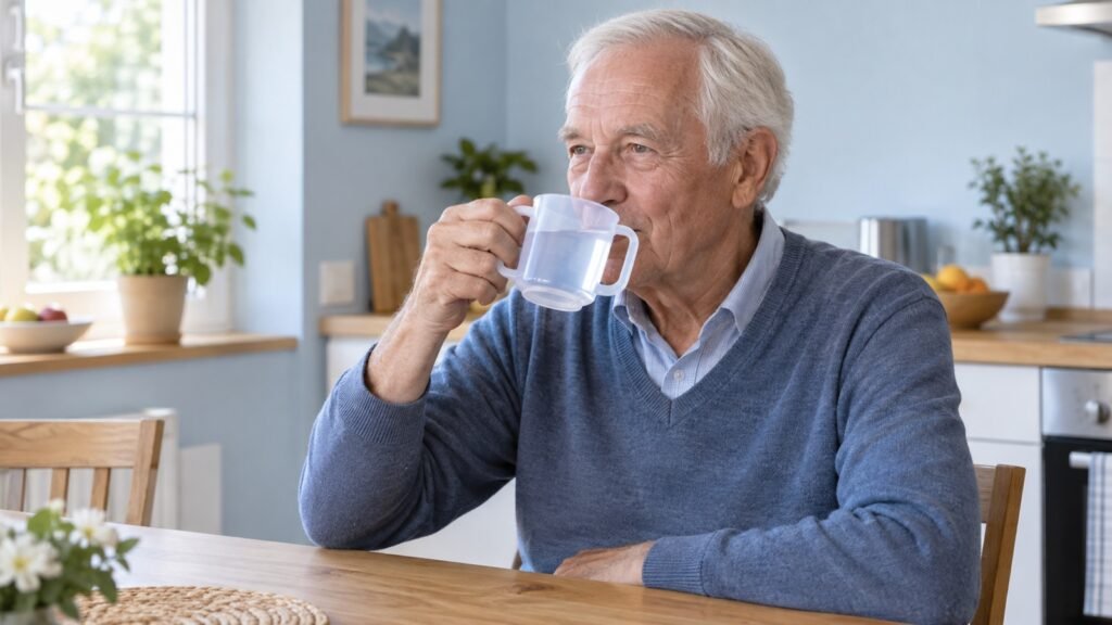 Senior trinkt aus einem einfachen Zweihenkelbecher