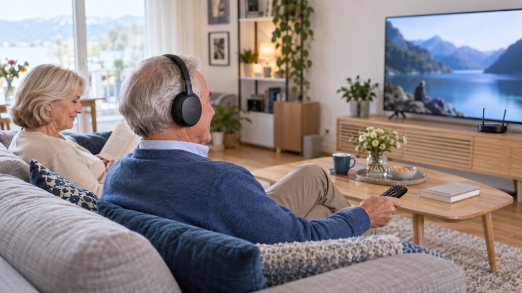 Senior hört den Fernsehton über kabellose Kopfhörer, während seine Partnerin entspannt liest