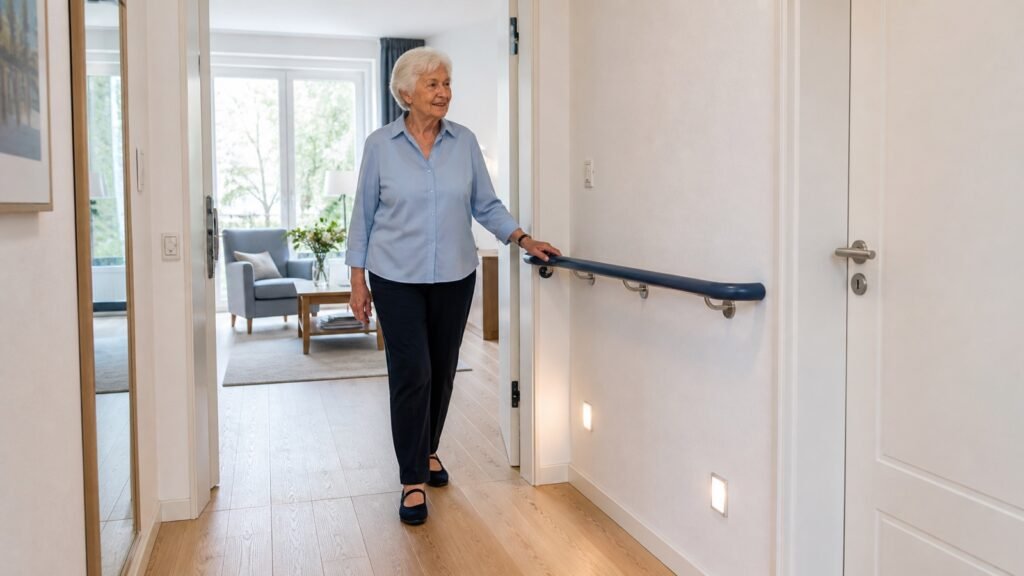 Seniorin nutzt einen Wandhandlauf in einem hellen Flur mit schwellenlosem Übergang ins Wohnzimmer