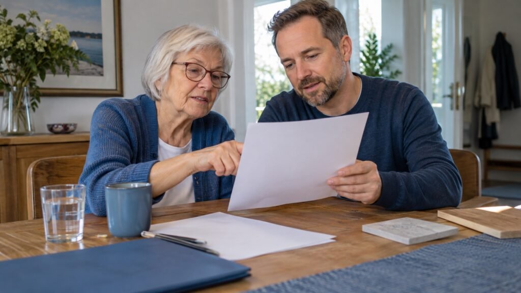 Seniorin und Sohn betrachten gemeinsam einen Plan für Wohnungsanpassungen