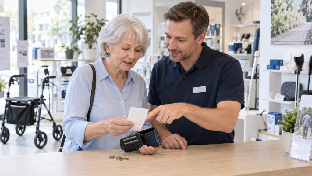 Seniorin prüft eine Hilfsmittelrechnung gemeinsam mit einem Berater im Sanitätshaus